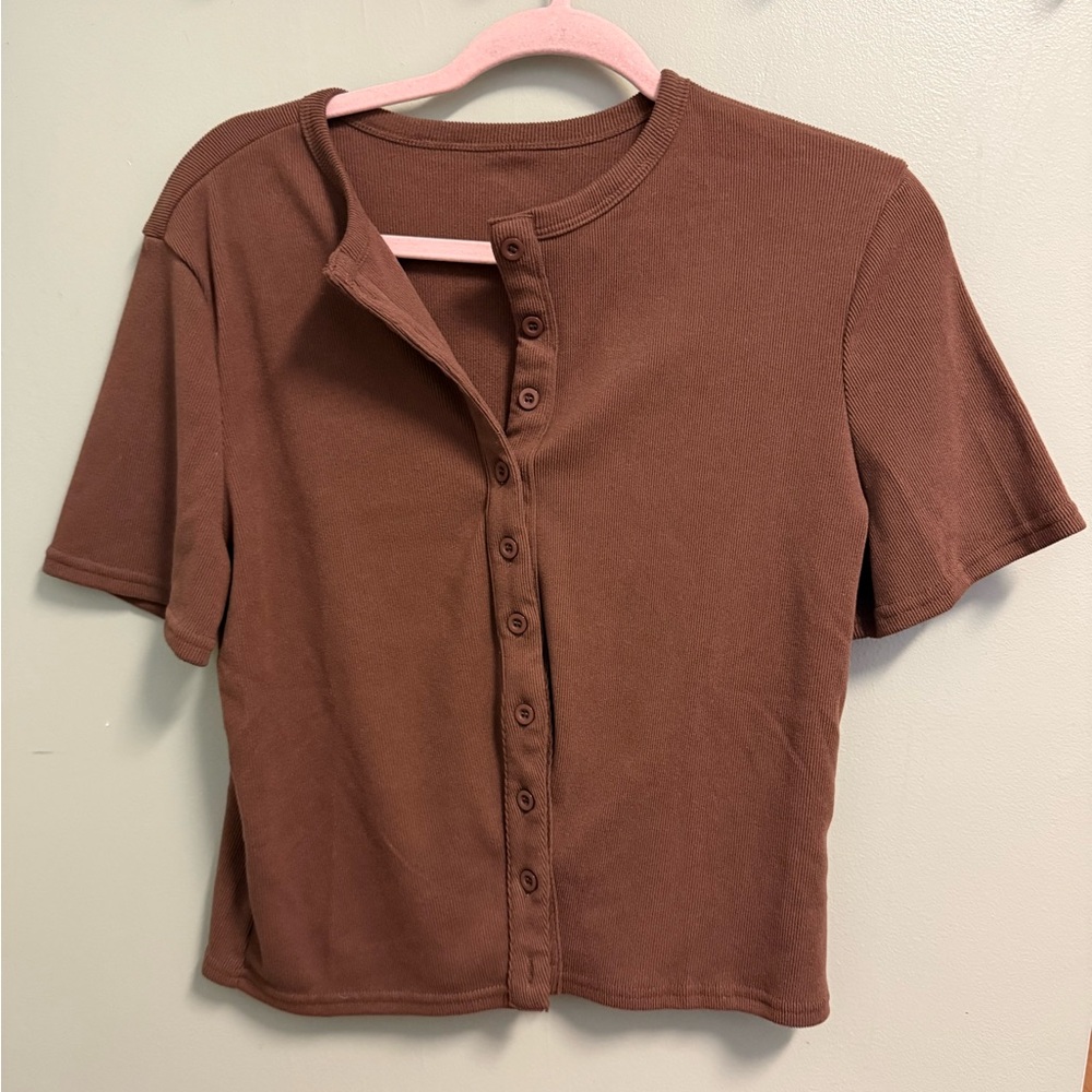 Brown Button-Up Short Sleeve Top